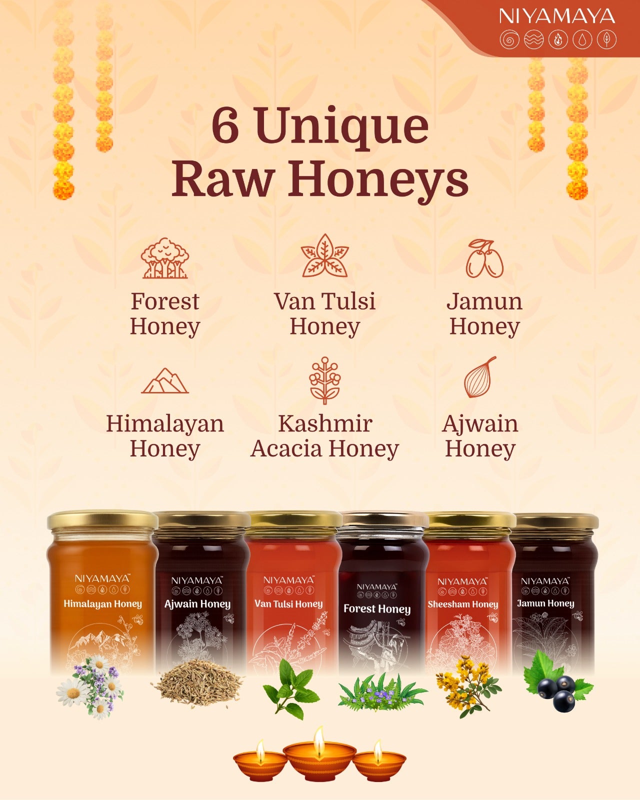 Niyamaya Golden Hive Harmony Box – 6 Variants of Premium Organic Honey (125g each)