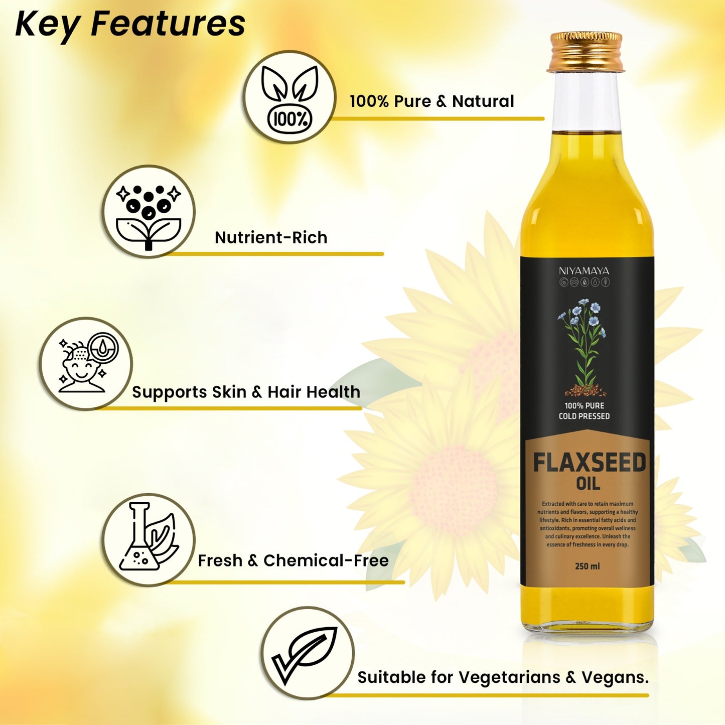 Niyamaya Cold Pressed Flaxseed Oil | 100% Pure, Natural & Rich in Omega-3 | Wood-Pressed